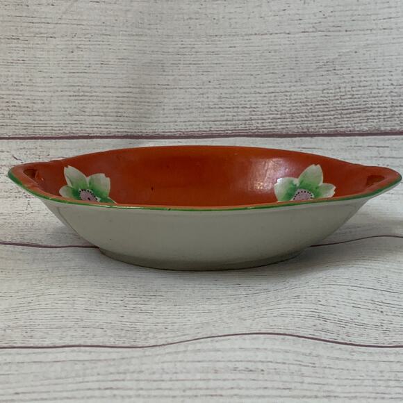 Vintage Hand Painted Red Lotus Flower Oval Japanese Bowl Serving Dish Handles - Picture 2 of 16